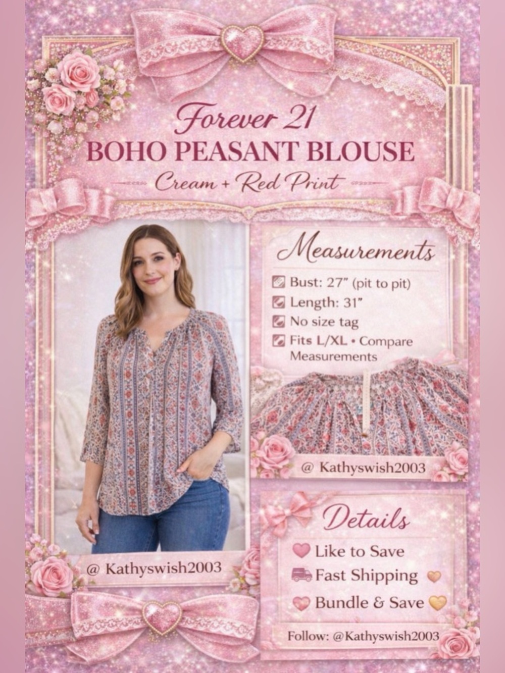 Forever 21 Boho Printed Peasant Blouse in Cream and Red